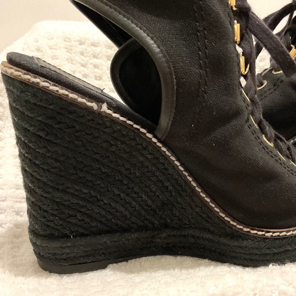 TORY BURCH Black and gold Canvas Espadrille Wedge Heel Platform Lace Up Size 7B - Picture 11 of 16